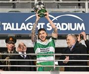 9 February 2024; Shamrock Rovers captain Lee Grace lifts the Men's President's Cup after his side's victory in the 2024 Men's President's Cup match between Shamrock Rovers and St Patrick's Athletic at Tallaght Stadium in Dublin. Photo by Tyler Miller/Sportsfile