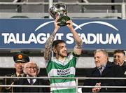 9 February 2024; Shamrock Rovers captain Lee Grace lifts the Men's President's Cup after his side's victory in the 2024 Men's President's Cup match between Shamrock Rovers and St Patrick's Athletic at Tallaght Stadium in Dublin. Photo by Tyler Miller/Sportsfile
