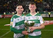 9 February 2024; Trevor Clarke and Conan Noonan of Shamrock Rovers with the Men's President's Cup after their side's victory in the 2024 Men's President's Cup match between Shamrock Rovers and St Patrick's Athletic at Tallaght Stadium in Dublin. Photo by Stephen McCarthy/Sportsfile