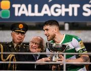 9 February 2024; Shamrock Rovers captain Lee Grace is presented the Men's President's Cup by President of Ireland Michael D Higgins after his side's victory in the 2024 Men's President's Cup match between Shamrock Rovers and St Patrick's Athletic at Tallaght Stadium in Dublin. Photo by Stephen McCarthy/Sportsfile