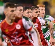 9 February 2024; St Patrick's Athletic and Shamrock Rovers players, including Lee Grace, second right, during the 2024 Men's President's Cup match between Shamrock Rovers and St Patrick's Athletic at Tallaght Stadium in Dublin. Photo by Stephen McCarthy/Sportsfile