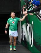 10 February 2024; Finlay Bealham high fives supporters before an Ireland Rugby captain's run at the Aviva Stadium in Dublin. Photo by Brendan Moran/Sportsfile