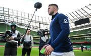 10 February 2024; Jack Crowley makes his way onto the pitch for the Ireland Rugby captain's run at the Aviva Stadium in Dublin. Photo by Brendan Moran/Sportsfile