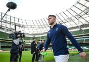 10 February 2024; Jack Crowley makes his way onto the pitch for the Ireland Rugby captain's run at the Aviva Stadium in Dublin. Photo by Brendan Moran/Sportsfile