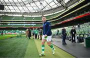 10 February 2024; Jack Crowley makes his way onto the pitch for the Ireland Rugby captain's run at the Aviva Stadium in Dublin. Photo by Brendan Moran/Sportsfile