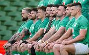 10 February 2024; Captain Caelan Doris, fourth from left, lines up alongside his teammates for a squad phoo before an Ireland Rugby captain's run at the Aviva Stadium in Dublin. Photo by Brendan Moran/Sportsfile