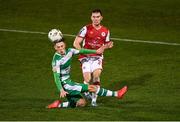 9 February 2024; Anto Breslin of St Patrick's Athletic in action against Cian Barrett of Shamrock Rovers during the 2024 Men's President's Cup match between Shamrock Rovers and St Patrick's Athletic at Tallaght Stadium in Dublin. Photo by Stephen McCarthy/Sportsfile