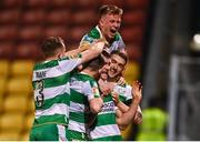 9 February 2024; Josh Honohan of Shamrock Rovers, second from right, celebrates with team-mates including, Lee Grace, right, Conan Noonan, top, and Sean Hoare, left after scoring their side's second goal during the 2024 Men's President's Cup match between Shamrock Rovers and St Patrick's Athletic at Tallaght Stadium in Dublin. Photo by Tyler Miller/Sportsfile