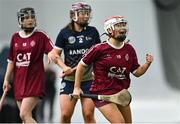 10 February 2024; Róisín Ní Drisceoil of Marino celebrates after scoring her side's first goal during the Electric Ireland Ashling Murphy Cup final match between Ulster University Magee and Marino at University of Galway Connacht GAA Centre of Excellence in Bekan, Mayo. Photo by Piaras Ó Mídheach/Sportsfile