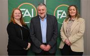 10 February 2024; Ursula Scully and Laura Finnegan O’Halloran have been elected to the FAI Board following a General Assembly Meeting at the Clayton Hotel in Dublin to ensure that the FAI has met the Government gender balance requirement. Pictured are football director Ursula Scully of the Munster Football Association, left, and independent director Laura Finnegan O’Halloran with FAI president Paul Cooke. Photo by Brendan Moran/Sportsfile