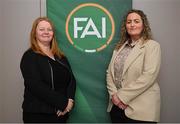 10 February 2024; Ursula Scully and Laura Finnegan O’Halloran have been elected to the FAI Board following a General Assembly Meeting at the Clayton Hotel in Dublin to ensure that the FAI has met the Government gender balance requirement. Pictured are football director Ursula Scully of the Munster Football Association, second from left, and independent director Laura Finnegan O’Halloran. Photo by Brendan Moran/Sportsfile