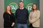 10 February 2024; Ursula Scully and Laura Finnegan O’Halloran have been elected to the FAI Board following a General Assembly Meeting at the Clayton Hotel in Dublin to ensure that the FAI has met the Government gender balance requirement. Pictured are football director Ursula Scully of the Munster Football Association, left, and independent director Laura Finnegan O’Halloran with FAI chairperson nominee Tony Keohane. Photo by Brendan Moran/Sportsfile