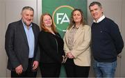 10 February 2024; Ursula Scully and Laura Finnegan O’Halloran have been elected to the FAI Board following a General Assembly Meeting at the Clayton Hotel in Dublin to ensure that the FAI has met the Government gender balance requirement. Pictured are football director Ursula Scully of the Munster Football Association, second from left, and independent director Laura Finnegan O’Halloran with FAI president Paul Cooke, left, and FAI chairperson Tony Keohane. Photo by Brendan Moran/Sportsfile