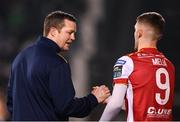9 February 2024; St Patrick's Athletic manager Jon Daly and Mason Melia during the 2024 Men's President's Cup match between Shamrock Rovers and St Patrick's Athletic at Tallaght Stadium in Dublin. Photo by Stephen McCarthy/Sportsfile