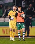 9 February 2024; Shamrock Rovers goalkeeper Leon Pohls and Rory Gaffney during the 2024 Men's President's Cup match between Shamrock Rovers and St Patrick's Athletic at Tallaght Stadium in Dublin. Photo by Stephen McCarthy/Sportsfile