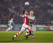 9 February 2024; Kian Leavy of St Patrick's Athletic in action against Conan Noonan of Shamrock Rovers during the 2024 Men's President's Cup match between Shamrock Rovers and St Patrick's Athletic at Tallaght Stadium in Dublin. Photo by Stephen McCarthy/Sportsfile