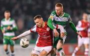 9 February 2024; Jamie Lennon of St Patrick's Athletic in action against Darragh Nugent of Shamrock Rovers during the 2024 Men's President's Cup match between Shamrock Rovers and St Patrick's Athletic at Tallaght Stadium in Dublin. Photo by Stephen McCarthy/Sportsfile