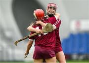 10 February 2024; Marino players Katie Connolly, behind, and Róisín Ní Drisceoil celebrate after their side's victory in the Electric Ireland Ashling Murphy Cup final match between Ulster University Magee and Marino at University of Galway Connacht GAA Centre of Excellence in Bekan, Mayo. Photo by Piaras Ó Mídheach/Sportsfile