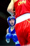 10 February 2024; Aoife O'Rourke of Ireland, left, in action against Li Qian of China in their middleweight 75kg semi-final bout during the 75th International Boxing Tournament Strandja in Sofia, Bulgaria. Photo by Ivan Ivanov/Sportsfile