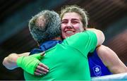 10 February 2024; Aoife O'Rourke of Ireland, celebrates with Ireland boxing coach Zaur Antia after winning Li Qian of China in their middleweight 75kg semi-final bout during the 75th International Boxing Tournament Strandja in Sofia, Bulgaria. Photo by Ivan Ivanov/Sportsfile