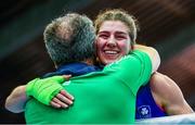 10 February 2024; Aoife O'Rourke of Ireland, celebrates with Ireland boxing coach Zaur Antia after winning Li Qian of China in their middleweight 75kg semi-final bout during the 75th International Boxing Tournament Strandja in Sofia, Bulgaria. Photo by Ivan Ivanov/Sportsfile