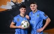 9 February 2024; Mikey McCullagh, left, and Éanna Clancy poses for a portrait during a UCD FC squad portraits session at UCD Bowl in Dublin. Photo by Ramsey Cardy/Sportsfile