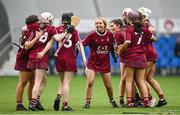 10 February 2024; Marino players, including Katie Burke, 17, celebrate after their side's victory in the Electric Ireland Ashling Murphy Cup final match between Ulster University Magee and Marino at University of Galway Connacht GAA Centre of Excellence in Bekan, Mayo. Photo by Piaras Ó Mídheach/Sportsfile