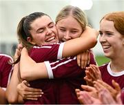 10 February 2024; Kate McClusky of Marino, left, celebrates with team-mate Rose Sheridan after their side's victory in the Electric Ireland Ashling Murphy Cup final match between Ulster University Magee and Marino at University of Galway Connacht GAA Centre of Excellence in Bekan, Mayo. Photo by Piaras Ó Mídheach/Sportsfile