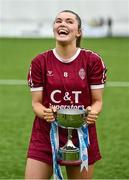 10 February 2024; Marino captain Kate McClusky celebrates with the cup after the Electric Ireland Ashling Murphy Cup final match between Ulster University Magee and Marino at University of Galway Connacht GAA Centre of Excellence in Bekan, Mayo. Photo by Piaras Ó Mídheach/Sportsfile