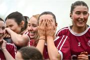 10 February 2024; Marino captain Kate McClusky, centre, celebrates after her side's victory in the Electric Ireland Ashling Murphy Cup final match between Ulster University Magee and Marino at University of Galway Connacht GAA Centre of Excellence in Bekan, Mayo. Photo by Piaras Ó Mídheach/Sportsfile