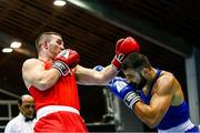 10 February 2024; Jack Marley of Ireland, left, in action against Vagkan Nanitzanian of Greece in their heavyweight 92kg semi-final bout during the 75th International Boxing Tournament Strandja in Sofia, Bulgaria. Photo by Luibomir Asenov/Sportsfile