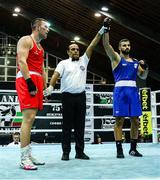 10 February 2024; Vagkan Nanitzanian of Greece, right, is declared the winner over Jack Marley of Ireland, left, following their heavyweight 92kg semi-final bout during the 75th International Boxing Tournament Strandja in Sofia, Bulgaria. Photo by Luibomir Asenov/Sportsfile