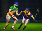 10 February 2024; Jack Clancy of Offaly in action against Corey Byrne Dunbar of Wexford during the Allianz Hurling League Division 1 Group A match between Wexford and Offaly at Chadwicks Wexford Park in Wexford. Photo by Tyler Miller/Sportsfile