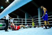 10 February 2024; Jack Marley of Ireland, left, is knocked down by Vagkan Nanitzanian of Greece in their heavyweight 92kg semi-final bout during the 75th International Boxing Tournament Strandja in Sofia, Bulgaria. Photo by Luibomir Asenov/Sportsfile