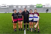 10 February 2024; Referee Gavin Donegan with team captains Niamh McGrath, 3, and Róisín Hughes of University of Galway and Míde Delaney, 5, and Creagh Lyons of University of Limerick before the Electric Ireland Uí Mhaolagáin Cup final match between University of Limerick and University of Galway at University of Galway Connacht GAA Centre of Excellence in Bekan, Mayo. Photo by Piaras Ó Mídheach/Sportsfile