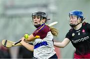 10 February 2024; Elaine Hanlon of University of Limerick in action against Jacqui Kehoe of University of Galway during the Electric Ireland Uí Mhaolagáin Cup final match between University of Limerick and University of Galway at University of Galway Connacht GAA Centre of Excellence in Bekan, Mayo. Photo by Piaras Ó Mídheach/Sportsfile