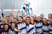 10 February 2024; University of Limerick joint-captains Creagh Lyons, left, and Míde Delaney lift the cup after their side's victory in the Electric Ireland Uí Mhaolagáin Cup final match between University of Limerick and University of Galway at University of Galway Connacht GAA Centre of Excellence in Bekan, Mayo. Photo by Piaras Ó Mídheach/Sportsfile