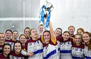 10 February 2024; University of Limerick joint-captains Creagh Lyons, left, and Míde Delaney lift the cup after their side's victory in the Electric Ireland Uí Mhaolagáin Cup final match between University of Limerick and University of Galway at University of Galway Connacht GAA Centre of Excellence in Bekan, Mayo. Photo by Piaras Ó Mídheach/Sportsfile