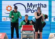 11 February 2024; Team Ireland, from left, Victoria Catterson, Grace Davison and Erin Riordan before their heat of Women's 4x100m freestyle relay on day one of the World Aquatics Championships 2024 at the Aspire Dome in Doha, Qatar. Photo by Ian MacNicol/Sportsfile