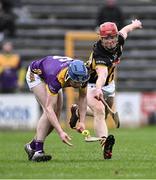 4 February 2024; Charlie McGuckin of Wexford in action against Adrian Mullen of Kilkenny during the Allianz Hurling League Division 1 Group A match between Kilkenny and Wexford at UPMC Nowlan Park in Kilkenny. Photo by Piaras Ó Mídheach/Sportsfile