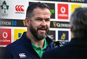 11 February 2024; Ireland head coach Andy Farrell is interviewed before the Guinness Six Nations Rugby Championship match between Ireland and Italy at the Aviva Stadium in Dublin. Photo by Ben McShane/Sportsfile