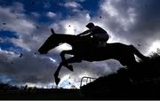 11 February 2024; Karacole, with JJ Slevin up, jumps the last during the Navan Ford and Opel Maiden Hurdle at Navan Racecourse in Meath. Photo by Seb Daly/Sportsfile