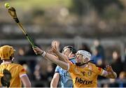 11 February 2024; Rory McCloskey of Antrim in action against Cian O'Sullivan of Dublin during the Allianz Hurling League Division 1 Group B match between Antrim and Dublin at Corrigan Park in Belfast. Photo by Ramsey Cardy/Sportsfile