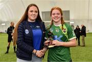 11 February 2024; Ciara Fitzsimons of Queens University Belfast is presented with the Electric Ireland Player of the Match award by CCAO Chairperson Shauna Fitzgerald following her performance in the Electric Ireland Fr Meaghair Cup final match between Queens University Belfast and Ulster University Jordanstown at University of Galway Connacht GAA Centre of Excellence in Bekan, Mayo. #FirstClassRivals Photo by Sam Barnes/Sportsfile