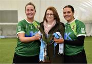 11 February 2024; Queens University Belfast joint captains Hannah Dorrian, left, and Aine Graham are presented with the Fr Meaghair Cup by Camogie Association President, Hilda Breslin, centre, after their side's victory in the Electric Ireland Cup final match between Queens University Belfast and Ulster University Jordanstown at University of Galway Connacht GAA Centre of Excellence in Bekan, Mayo. Photo by Sam Barnes/Sportsfile