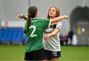 11 February 2024; Cassig McArthur of Ulster University Jordanstown, right, and Eimear McMullan of Queens University Belfast embrace after the Electric Ireland Fr Meaghair Cup final match between Queens University Belfast and Ulster University Jordanstown at University of Galway Connacht GAA Centre of Excellence in Bekan, Mayo. Photo by Sam Barnes/Sportsfile