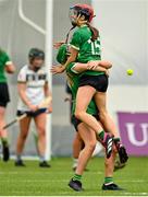 11 February 2024; Caitlin Armstong, left, and Orlaith McCusker of Queens University Belfast celebrate at the final whistle after their side's victory in the Electric Ireland Fr Meaghair Cup final match between Queens University Belfast and Ulster University Jordanstown at University of Galway Connacht GAA Centre of Excellence in Bekan, Mayo. Photo by Sam Barnes/Sportsfile
