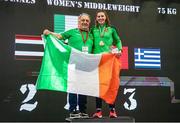 11 February 2024; From left, boxing coach Zaur Antia and Aoife O'Rourke of Ireland with her gold medal after winning Baison Manikon of Thailand in their middleweight 75kg semi-final bout during the 75th International Boxing Tournament Strandja in Sofia, Bulgaria. Photo by Liubomir Asenov /Sportsfile