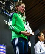 11 February 2024; Aoife O'Rourke of Ireland with her gold medal after winning Baison Manikon of Thailand in their middleweight 75kg final bout during the 75th International Boxing Tournament Strandja in Sofia, Bulgaria. Photo by Liubomir Asenov /Sportsfile