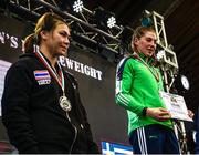 11 February 2024; Aoife O'Rourke of Ireland with her gold medal after winning Baison Manikon of Thailand, who won silver medal, in their middleweight 75kg final bout during the 75th International Boxing Tournament Strandja in Sofia, Bulgaria. Photo by Liubomir Asenov /Sportsfile
